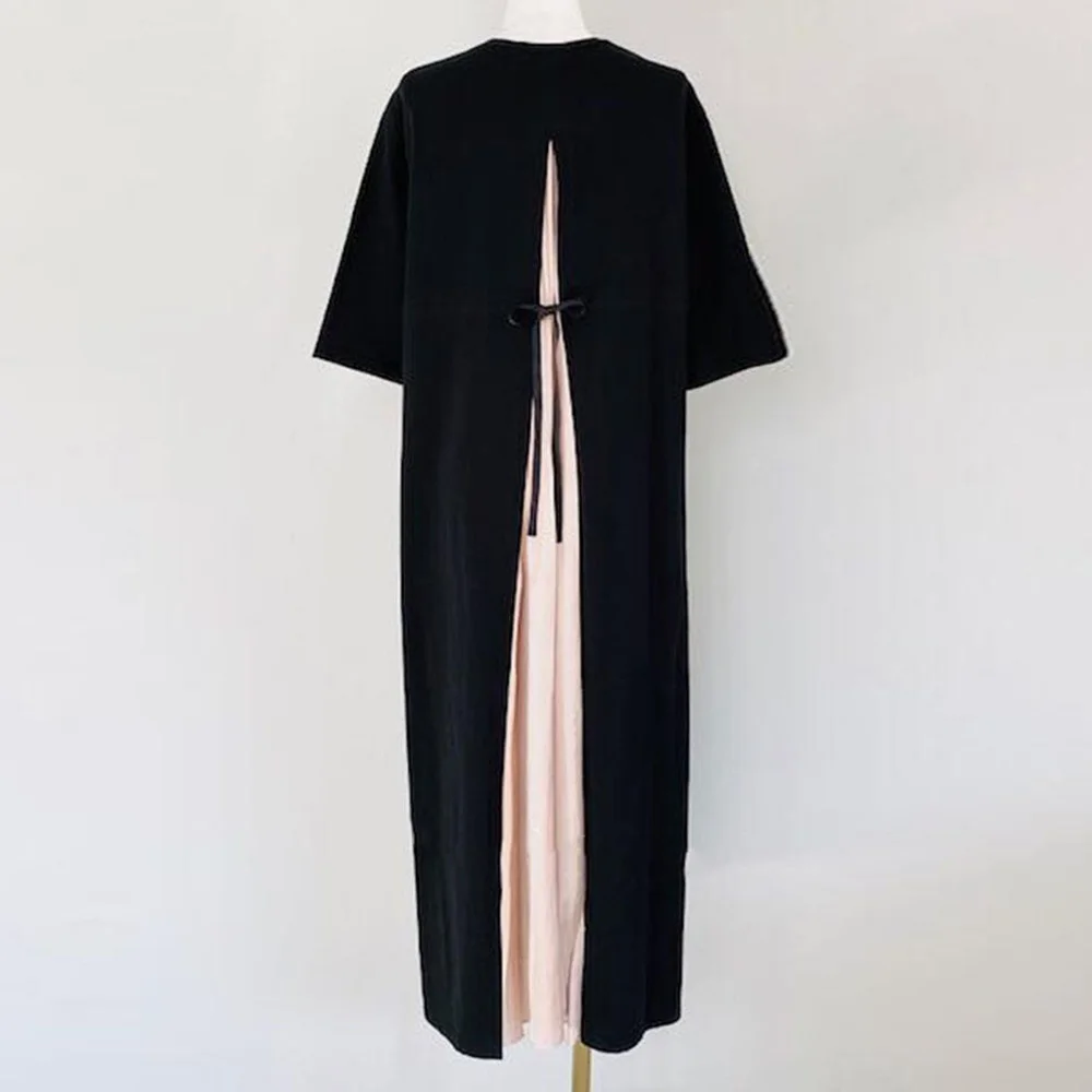 

Korean Version Japanese Women Dress Spring Summer Fashion Temperament Loose Loose Back Split Splicing Contrast Round Neck 2021