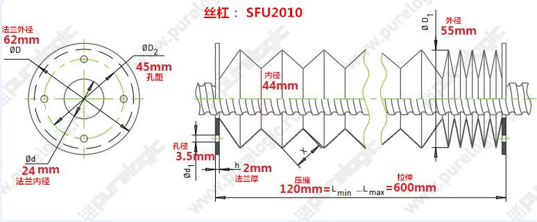 Гофрированный фланец Защиты Винтов SFU2010, id24мм, Lmax = 600 мм