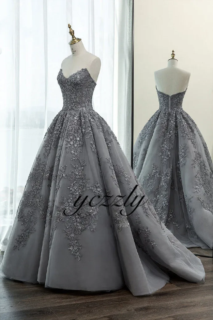 Серое свадебное платье Гламурная Милая кружевное вечернее с декором из бисера