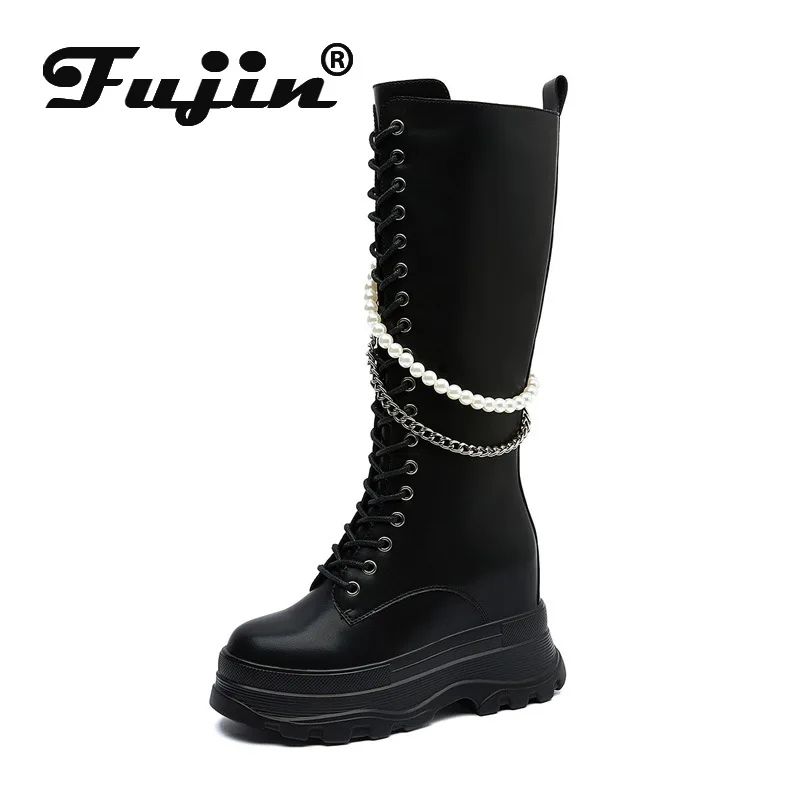 

Fujin/женские сапоги из натуральной кожи до колена на платформе 9 см; Пикантные женские сапоги на массивном каблуке со шнуровкой; Ботинки с жем...