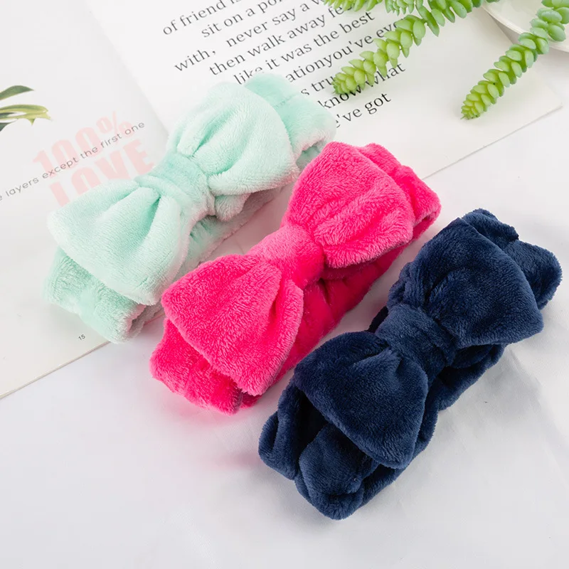 

20Pcs Elastic Adjustable Face Wash Makeup Spa Shower Yoga Sports Headband Cute Sweet Plush Bowknot Pure Coral Fleece Headwear