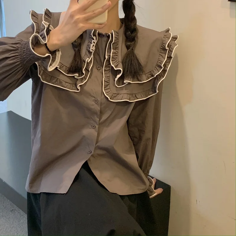 

Kimutomo Sweet Fungus Peter Pan Collar Blouse Women Korean Style 2021 Spring Girls Flare Sleeve Single Breasted Shirt Elegant