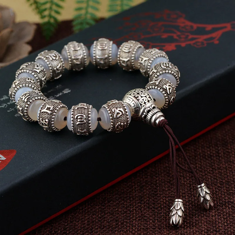 Ом Мани Падме Хум браслет Халцедон инкрустированный 925 серебро натуральный