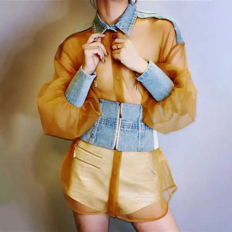 

Повседневная Женская блузка с отложным воротником и длинным рукавом, женская джинсовая рубашка в стиле пэчворк, модная новинка, стильная осенняя одежда