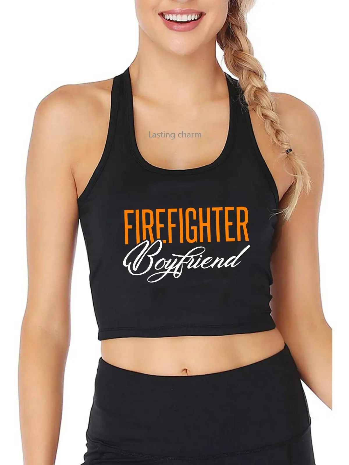 

Boyfriend Is My Firefighter Print Tank Top Adult Humor Fun Flirty Print Yoga Sports Workout Crop Top Gym Tops
