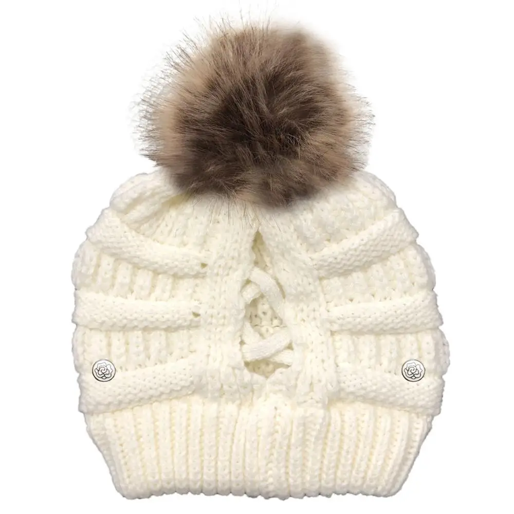 

New hot selling button hat anti block plug cap mask knitted hat cross hair ball outdoor women's warm wool hat