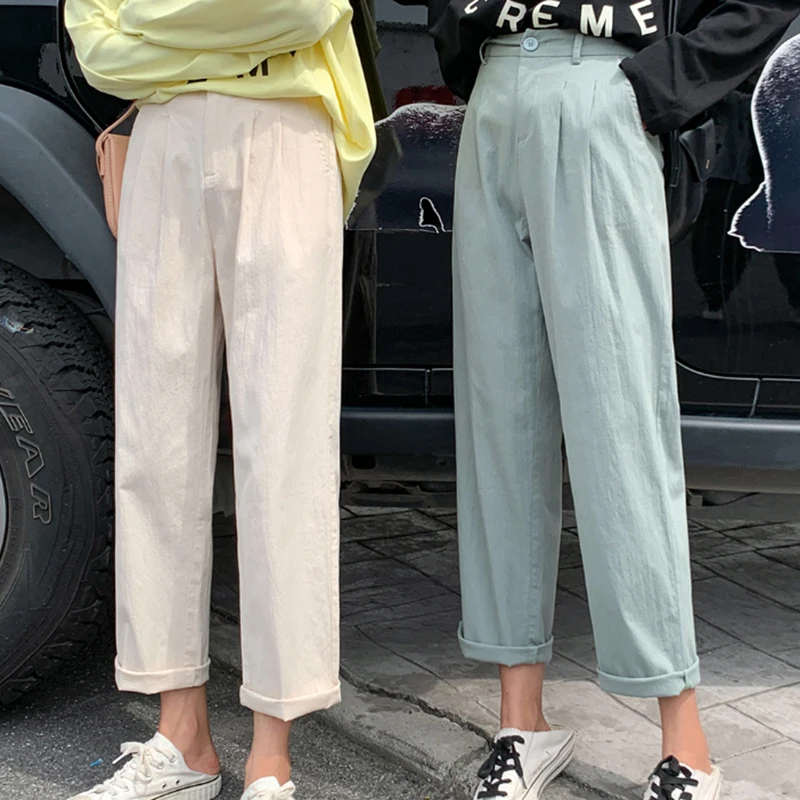 

2021 Summer Autumn Cotton Linen Harem Pants Women Casual Straight High Waist Women Pants Korean Loose Simple Trousers Women 9384