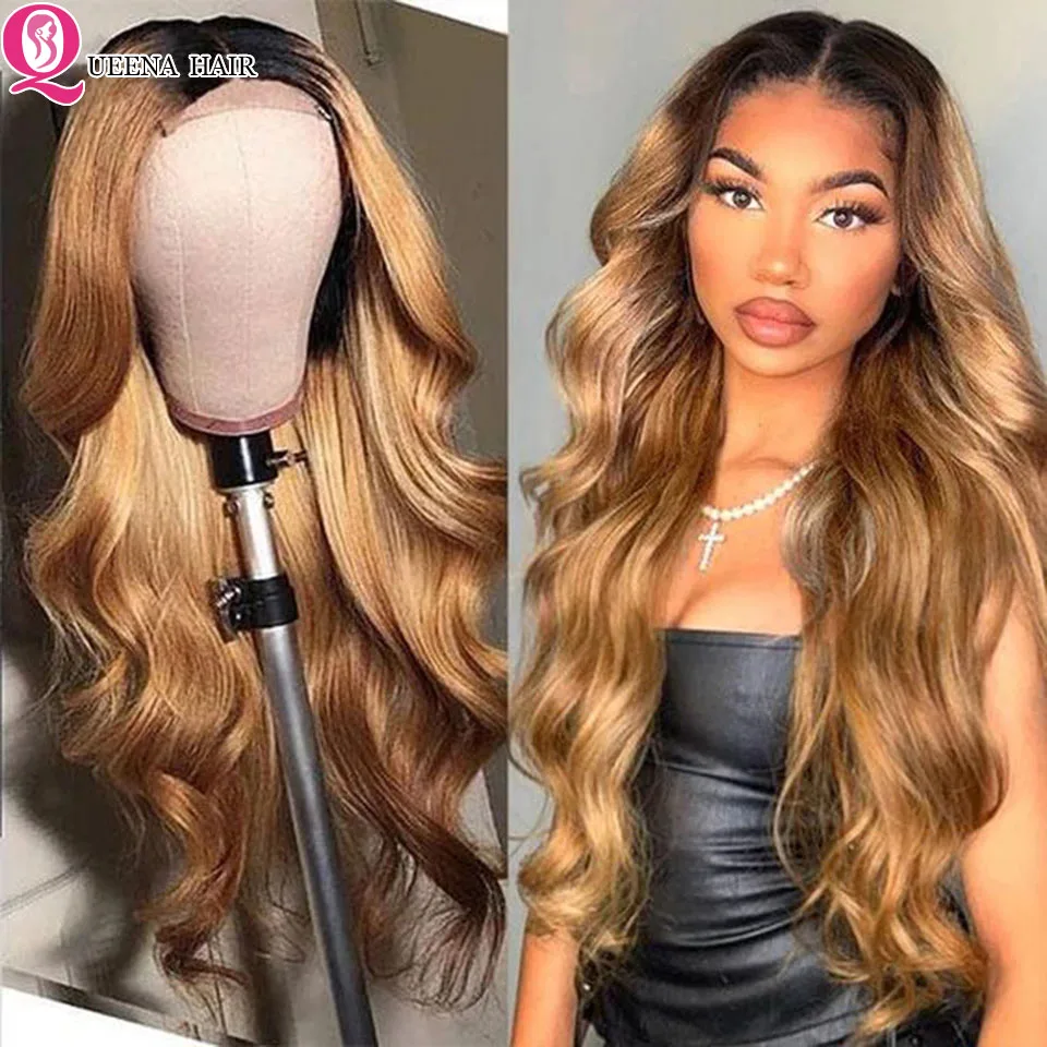 Blonde Lace Front Wig Brown Two Tone Human Hair Wigs Ombre Body Wave Lace Front Human Hair Wig 180% Raw Indian Bodywave Wig