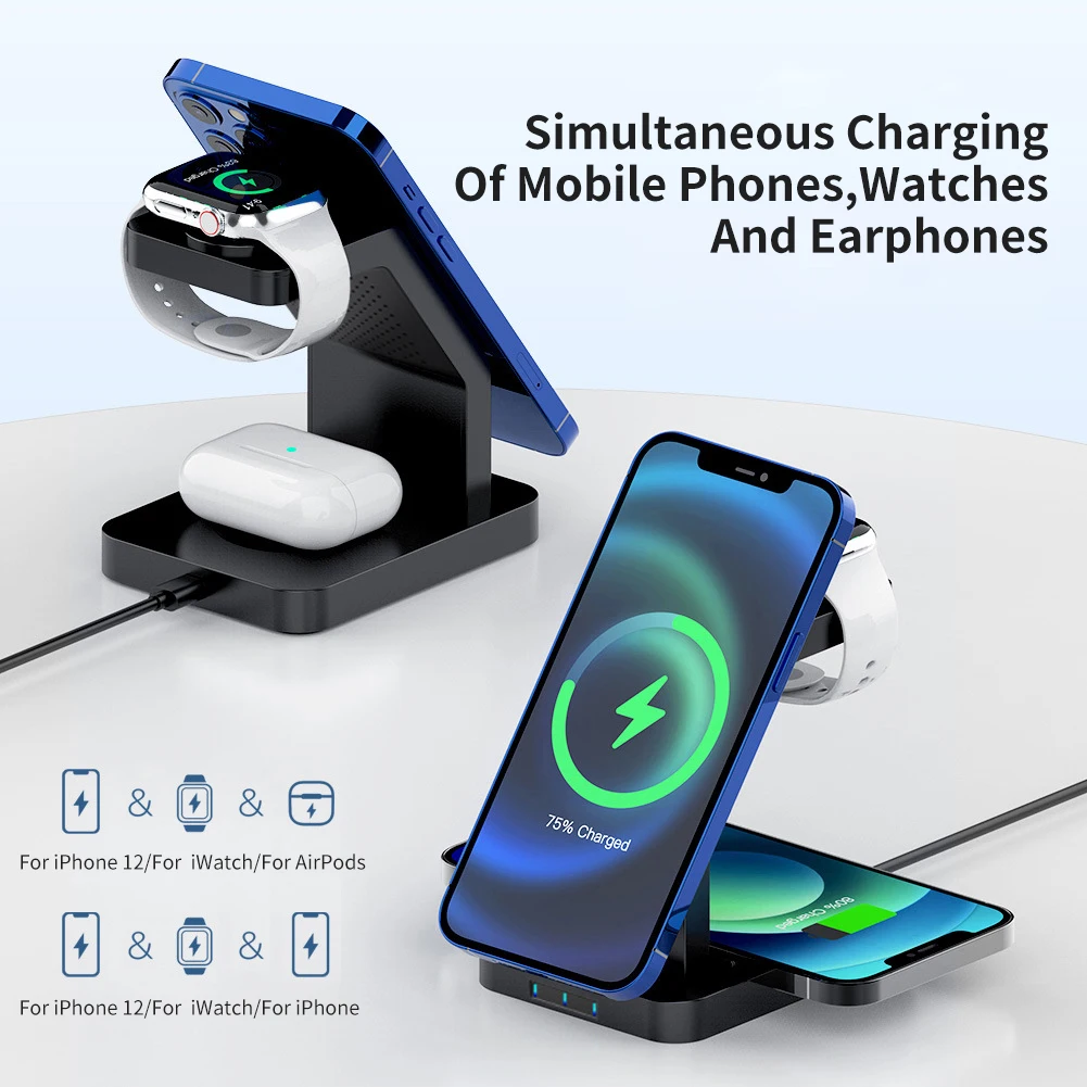 

Беспроводное зарядное устройство Qi 3 в 1, магнитная док-станция для быстрой зарядки iPhone 12 Mini Pro Max, для Apple Watch iWatch Airpods Pro, 15 Вт