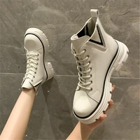 women high tops shoes leather fashion ankle boots ladies lace up motorcycle boots thick heel platform heel footwear black beige