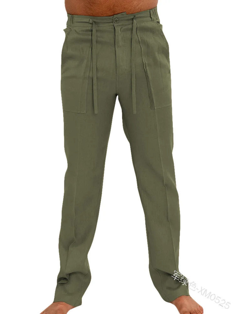 

Mandylandy Men Summer Pants Solid Color Low Waist Drawstring Straight Long Trousers