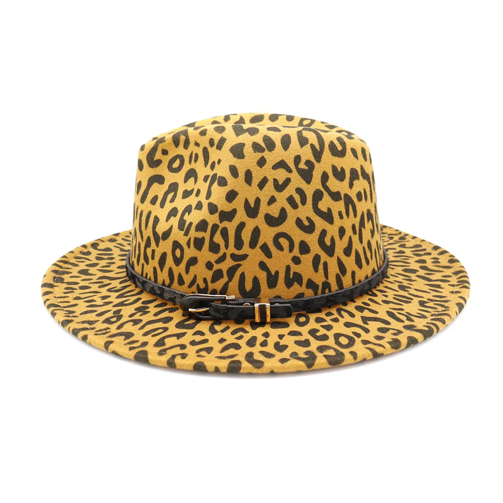 Женская федора в стиле джаз с леопардовым принтом и плоскими полями из фетра HanXi Men с имитацией шерсти и основанием из искусственной кожи.