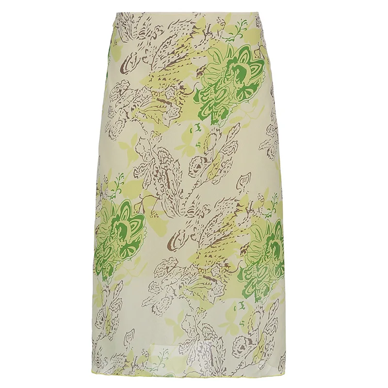 

Retro abstract print high-waisted MIDI skirt 2021 summer chiffon clash color buttock wrap slimming skirt