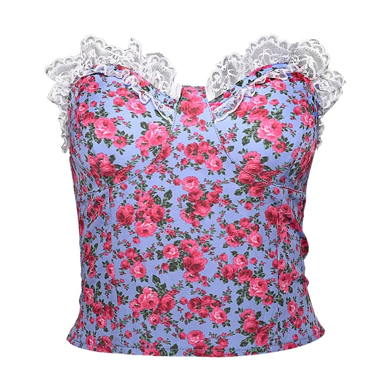 

New Women's Spring Fashion Cottagecore Lace Collar Beauty Back Y2k Top Flower Print Short Wrap Chest Crop Top Womens Clothing