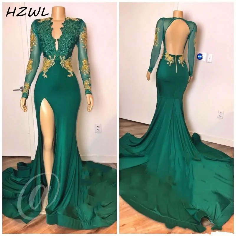 

Прозрачные вечерние платья русалки с длинными рукавами, кружевные аппликации, перья, Дубай, Африканское платье для выпускного вечера, длинн...