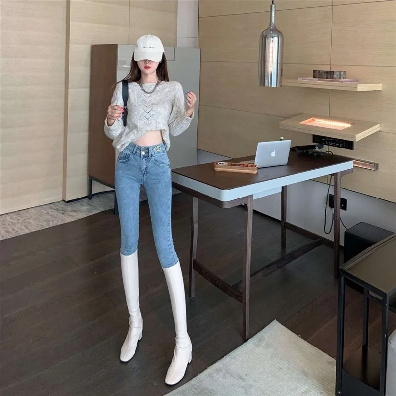 Осенне-зимние стильные светильник лые джинсы в Корейском стиле Женские Новые