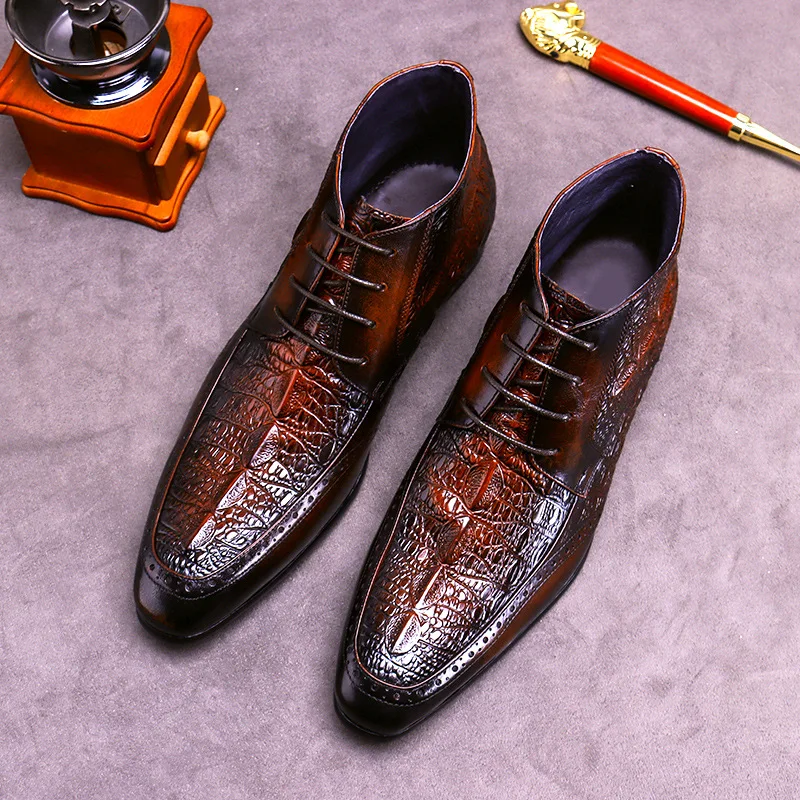 Мужские ботинки на плоской подошве черные до бедра с круглым носком из воловьей