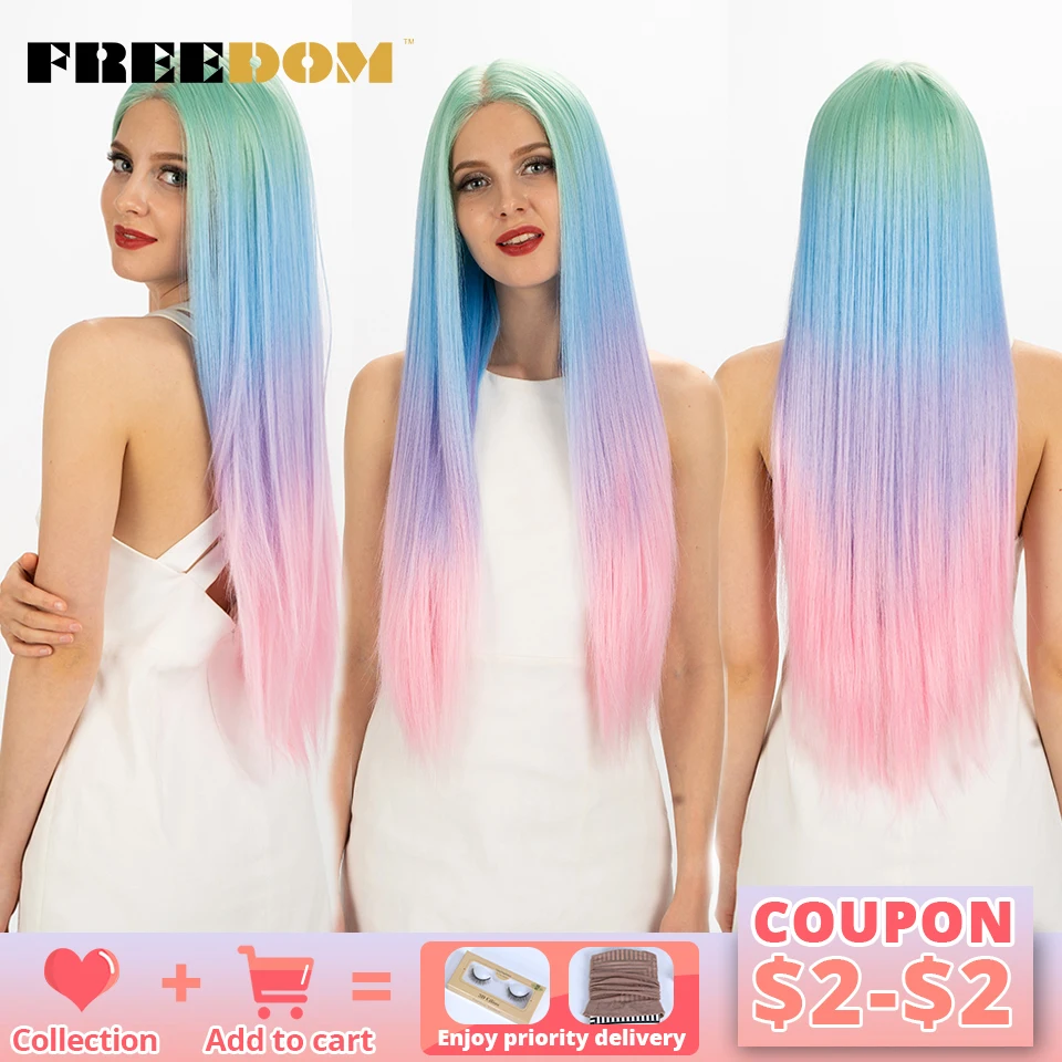FREEDOM Synthetic Lace Wigs Omber Green Rainbow Color Long Straight Wigs For Black Women 30inch Heat Resistant Cosplay Wig