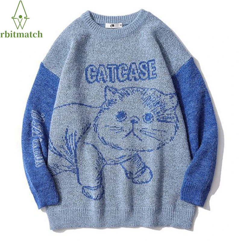 

Свитер Мужской трикотажный в стиле хип-хоп, свободный хлопковый пуловер с забавным принтом кота, повседневный осенний Свитер оверсайз в сти...