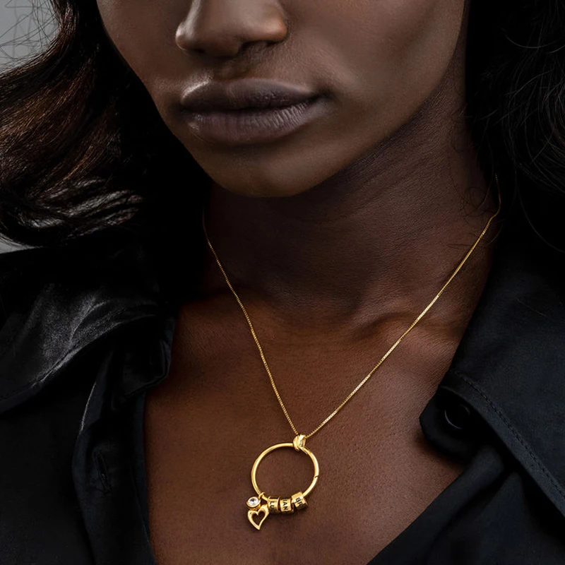 

Personalized Circle Pendant Necklace in Gold/Silvertone with Custom Beads Birthstone Leaf Charm Custom Engraved Beads Gift 7mm