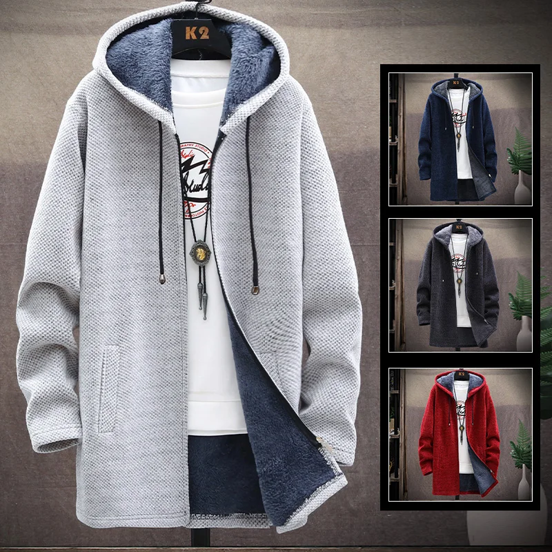 Zipper Jumper Cardigan Sweater Autumn/winter Long Coat Fleece Heavy Wool Hoodie Solid Chenille Men's Fashion Jacket