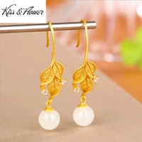 kissflower er109 fine jewelry wholesale fashion woman girl bride birthday wedding gift leaves jade 24kt gold drop earrings