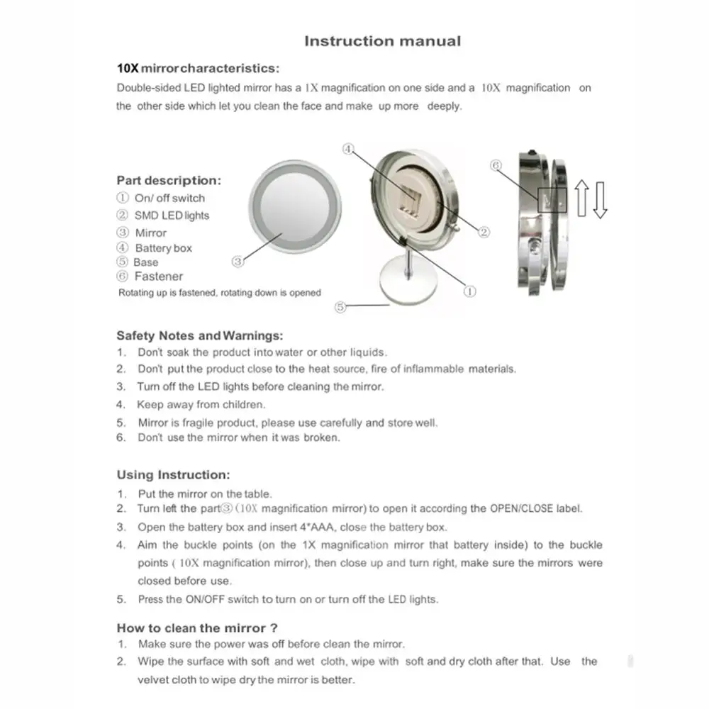 Зеркало косметическое двухстороннее с 10 кратным увеличением 7 дюймов вращение на