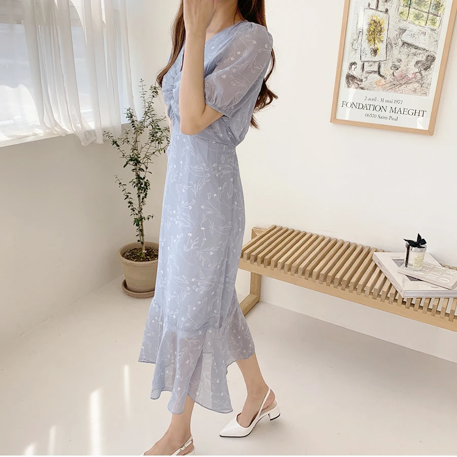 

Chiffon Floral Mermaid Dress Blue Summer Clothes For Women Midi Korean Retro Formal Elegant Vetement Femme 2020 Ladies Dresses