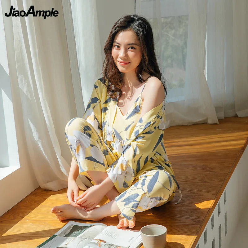 Pajamas Women Cotton Silk Printed Long-Sleeved Trousers Pijamas Set 2022 New Summer Sexy Three-Piece Kimono Sleepwear Homewear