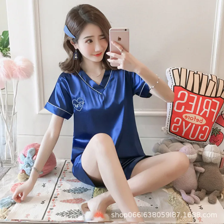 2021 New Pajamas Women's Summer Short Sleeve Nightwear Thin Home Wear Sleepwear Two Piece Ice Silk Shorts Suit Lounge Wear