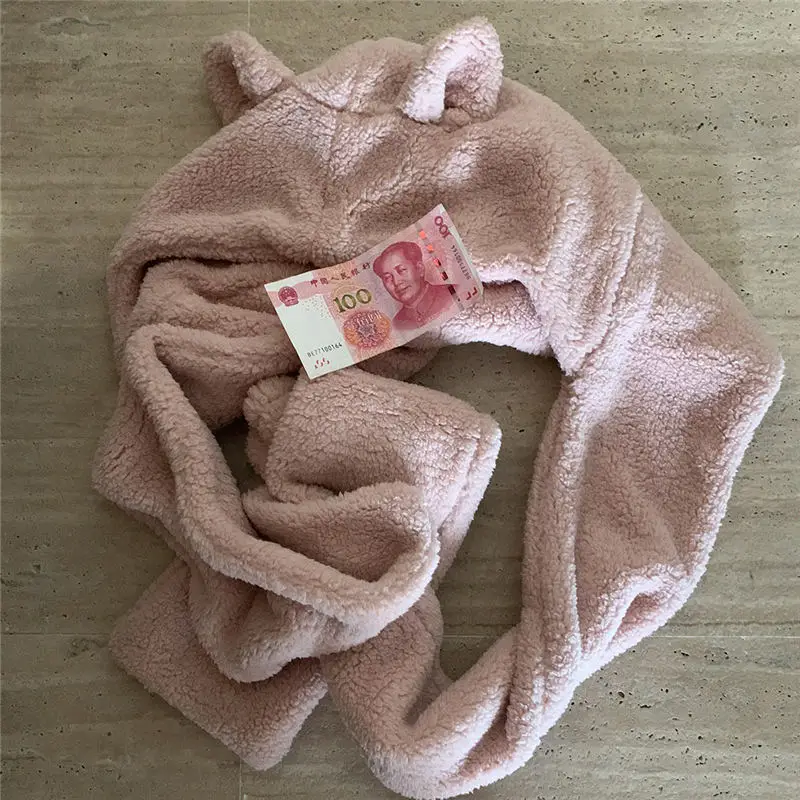 Модный мягкий теплый шерстяной шарф женский зимний японский каваи ухо из шерсти ягнёнка, кашемир Девушка шапки шарф милый твердый розовый женские Шарфы Шапки