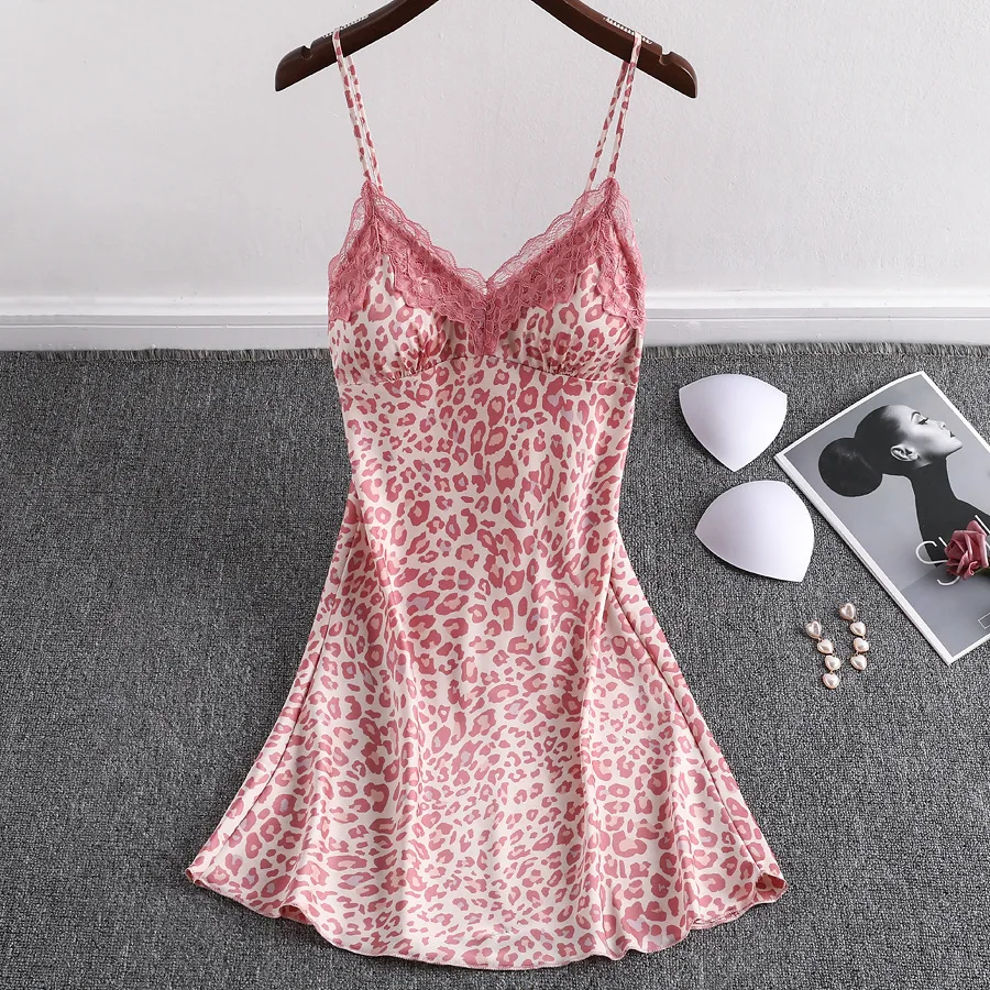 

Summer sexy ice silk nightdress temptation pink leopard pajamas women's lace sling nightdress with chest pad
