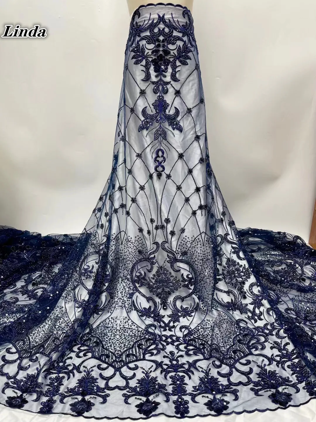 

2022 high quality French Nigerian sequins beads net lace,African tulle mesh sequence lace fabric for party dress 5yards/lot Bule