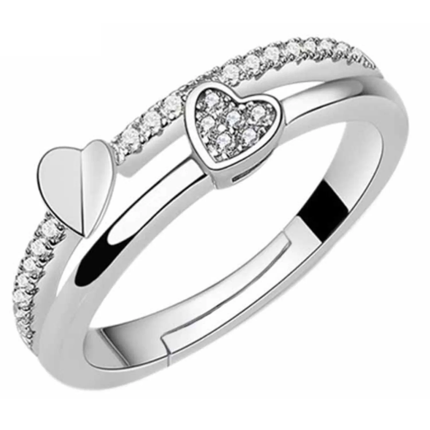 

Fashion Charm Woman AAA Cubic Zirconia Silver Color Ring Simple Double-deck Love Heart Adjustable Ring for Women Wedding Jewelry