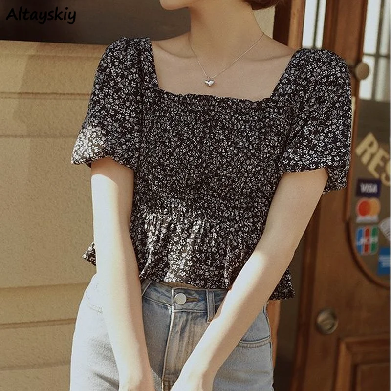 

Блузка женская с цветочным принтом, элегантный пикантный Топ во французском стиле, элегантный топ с рукавами-фонариками, в винтажном стиле, ...