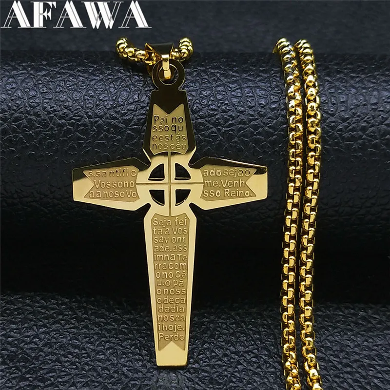 

2022 Stainless Steel Catholic Bible Cross Necklaces Chain for Women/Men Gold Color Long Necklace Jewelry collier chaine N4293S02