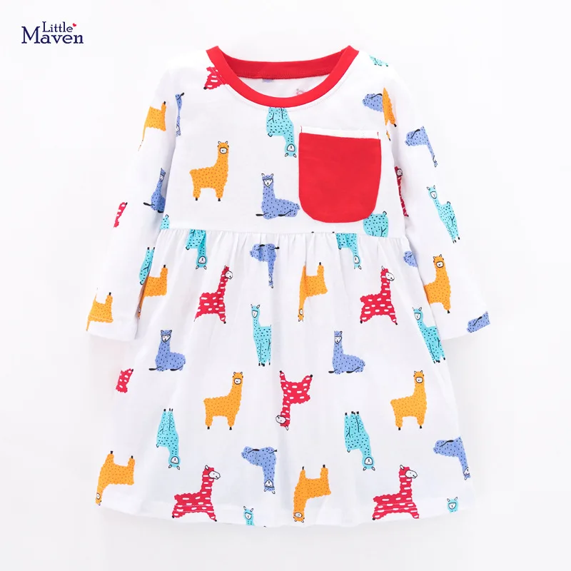 

Little Maven New Spring Autumn Kids White llama Floral Printed O-neck Girls Pocket 2-7yrs Full-sleeved Cotton Knitted Dresses