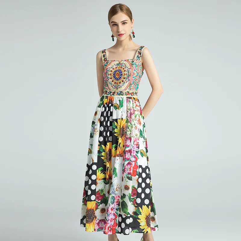 

2021 Spring Summer Dress Mid Calf Sleeveless Empire Spaghetti Strap Flora Print Fashion Dress Beads