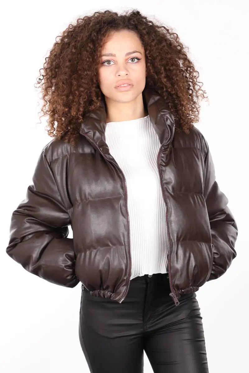 

Brown Zipper Short Womens Leather Down Coat