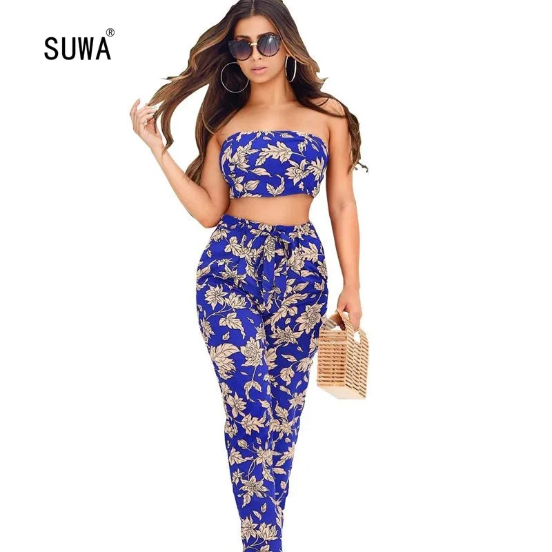 

Leaf Print Two Piece Set High Street Fashion Women Suit Strapless Sleeveless Crop Top And Sashes Pencil Trousers Tracksuit