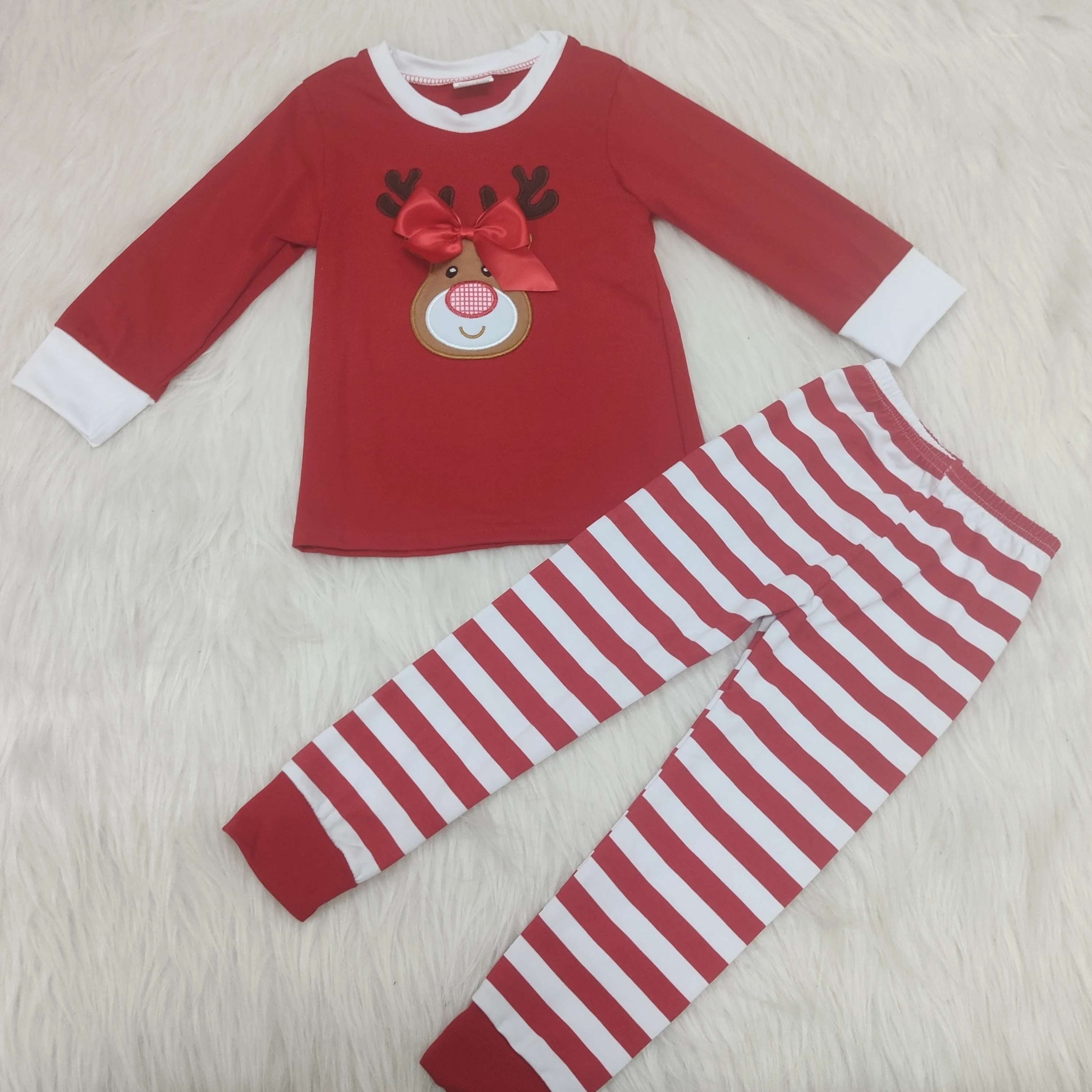 

New Arrival High Quality Baby Girls Christmas Cotton Pajamas Set Red Color Deer Embroidery Shirt and Striped Pants Sleep Set