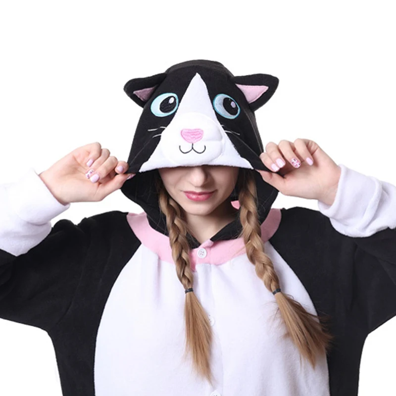 Зимняя женская пижама Kigurumi Единорог черная кошка звезда Комбинезоны для