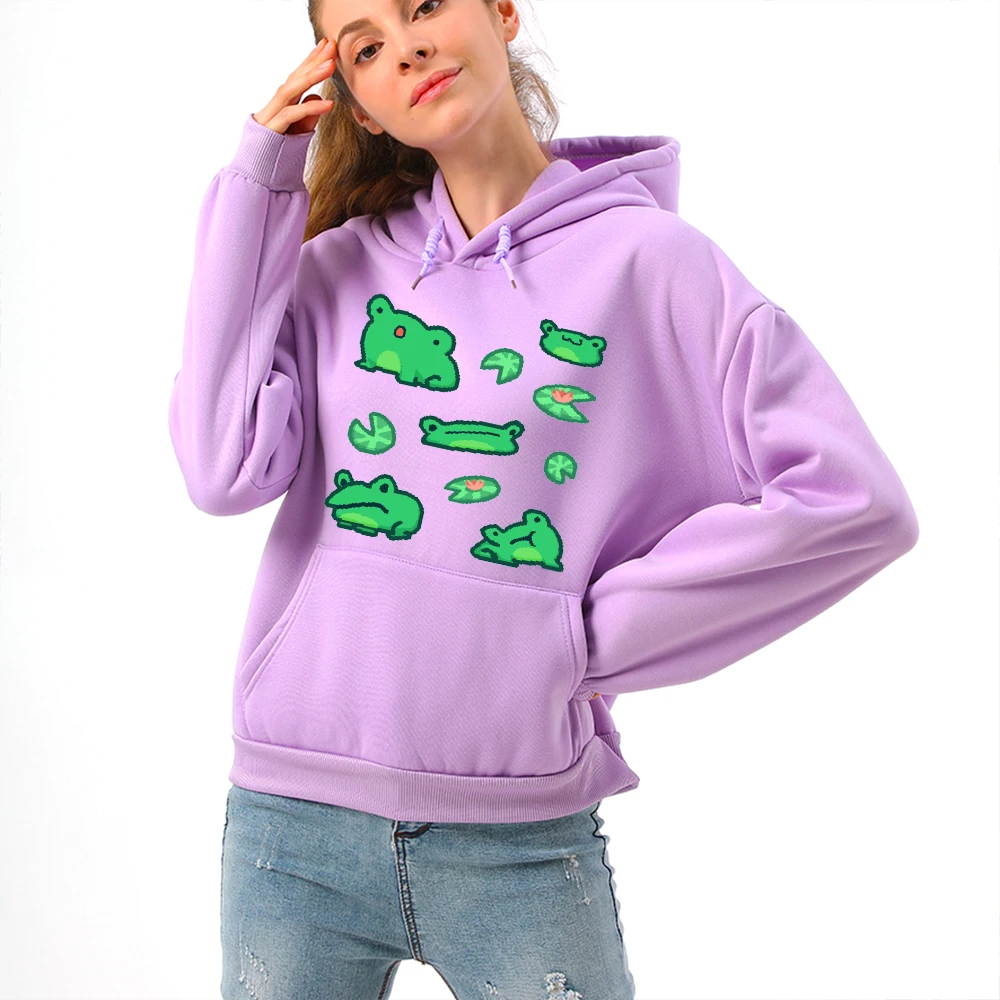 Funny Frog Printing Oversized Sweatshirt with Hood Women Fleece Cute Hoodies for Teens Girl Hoodie Sweatshirt Sweetshirt Women