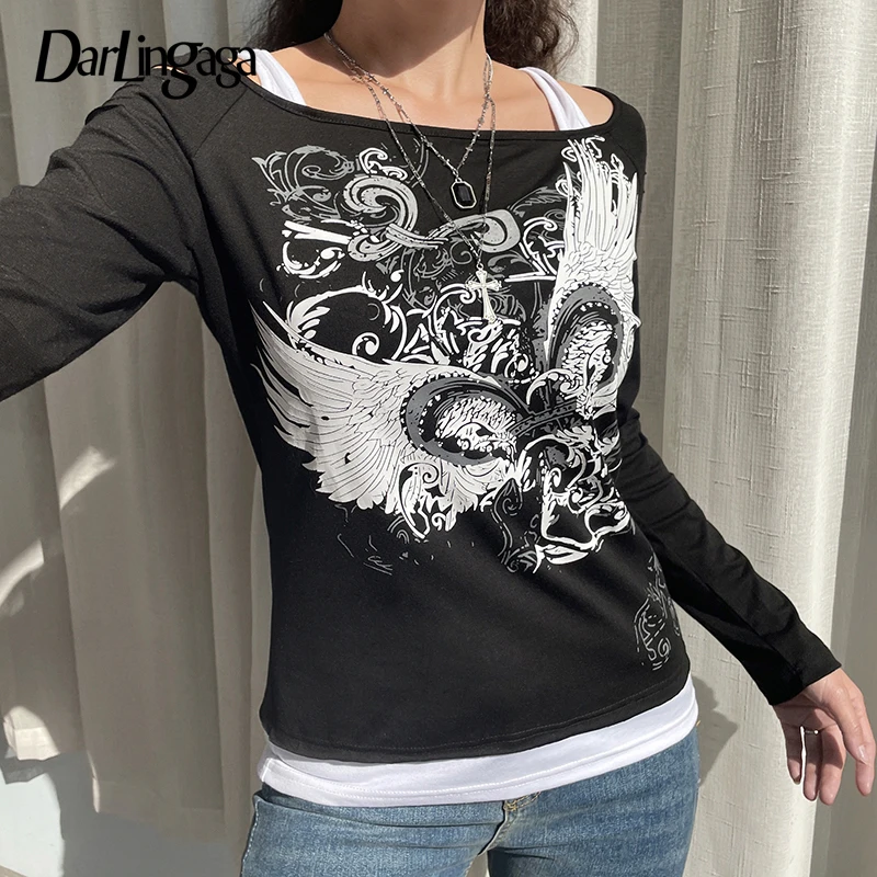 

Darlingaga Streetwear Grunge Dark Graphic Printing T-shirts Women Patchwork Cut Out Gothic Clothes Pullover Tops Aesthetic Tees