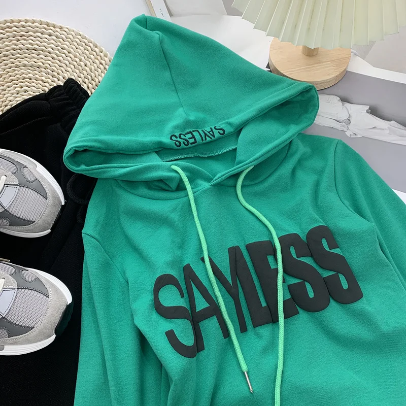 

KUSAHIKI Causal Long Sleeve Women Hoody Korean Letters Pringted Hooded Sweatshirt 2021 Spring Crop Top Pullover Jumper 6E666