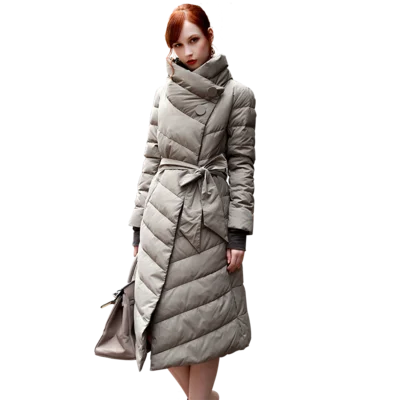 

waist closing slim temperament standing collar thickened boutique medium length over knee down jacket women's coat