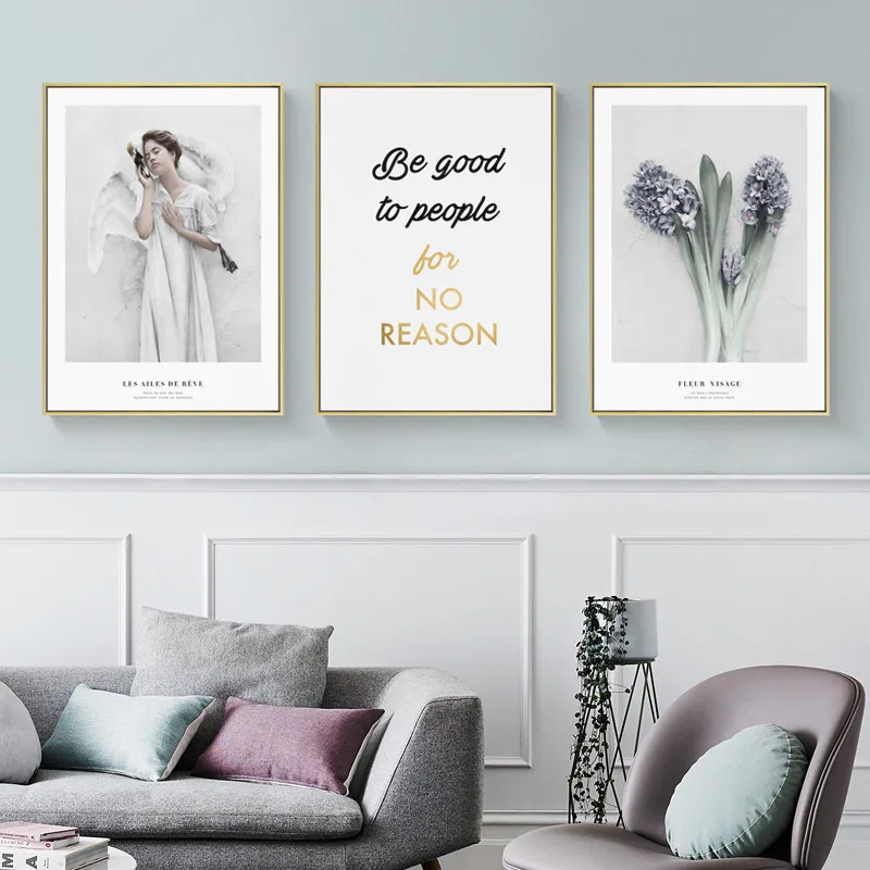 

Characters Girl Feather Decoration Painting Green Plant Purple Flower Motto Canvas Wall Frameless Picture Poster Living Room