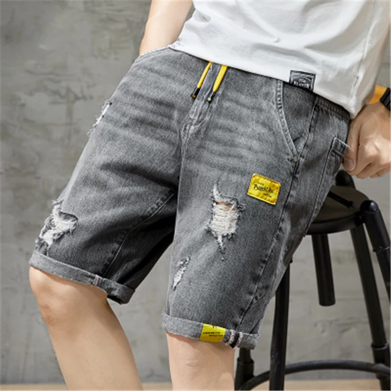 

Джинсовые шорты для мужчин, Пятиточечные Модные свободные штаны с эластичным поясом, в стиле Ins, средней длины, размеры 28-42, на лето