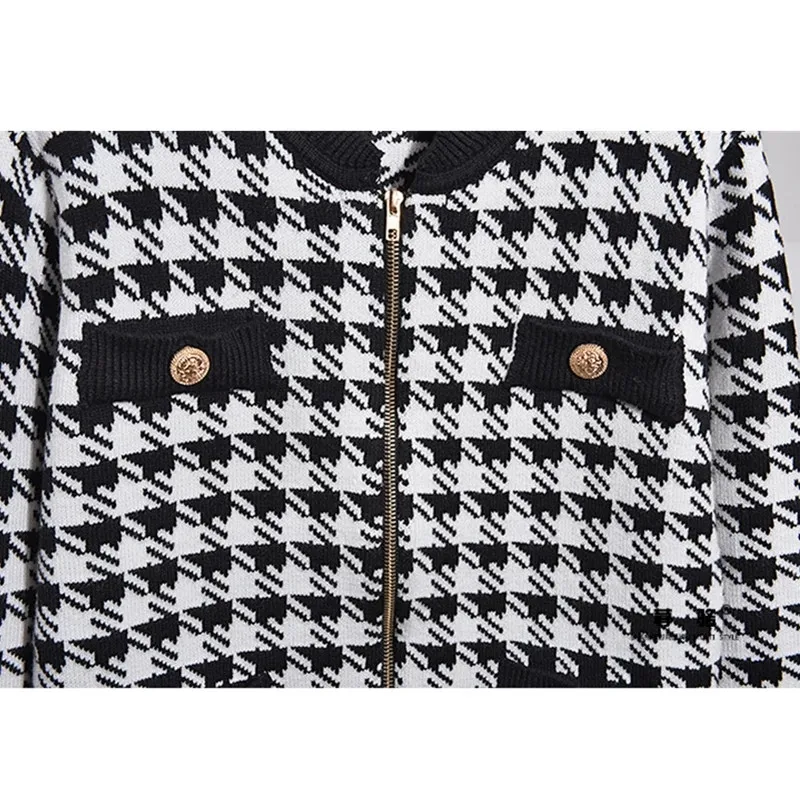Fashion Houndstooth Knit Cardigan Jacket 2 Piece Set Ladies Autumn Long Sleeve Coat+Bloomers Pants Women Suit Winter chandal