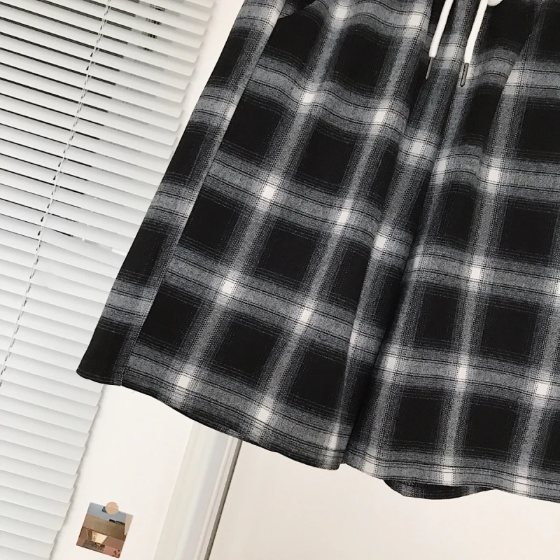 

2021 Summer short pants Casual Solid Cotton plaid shorts high waist Drawstring loose shorts for girls Soft black female shorts
